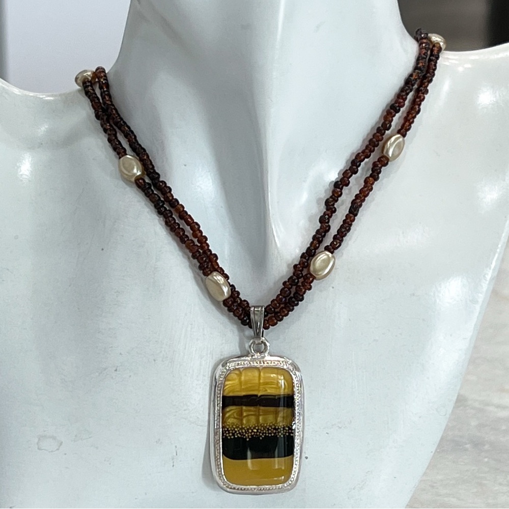 Kenneth Cole Amber & Brown Glass Silver Double Strand Brown Bead Necklace - Picture 2 of 10